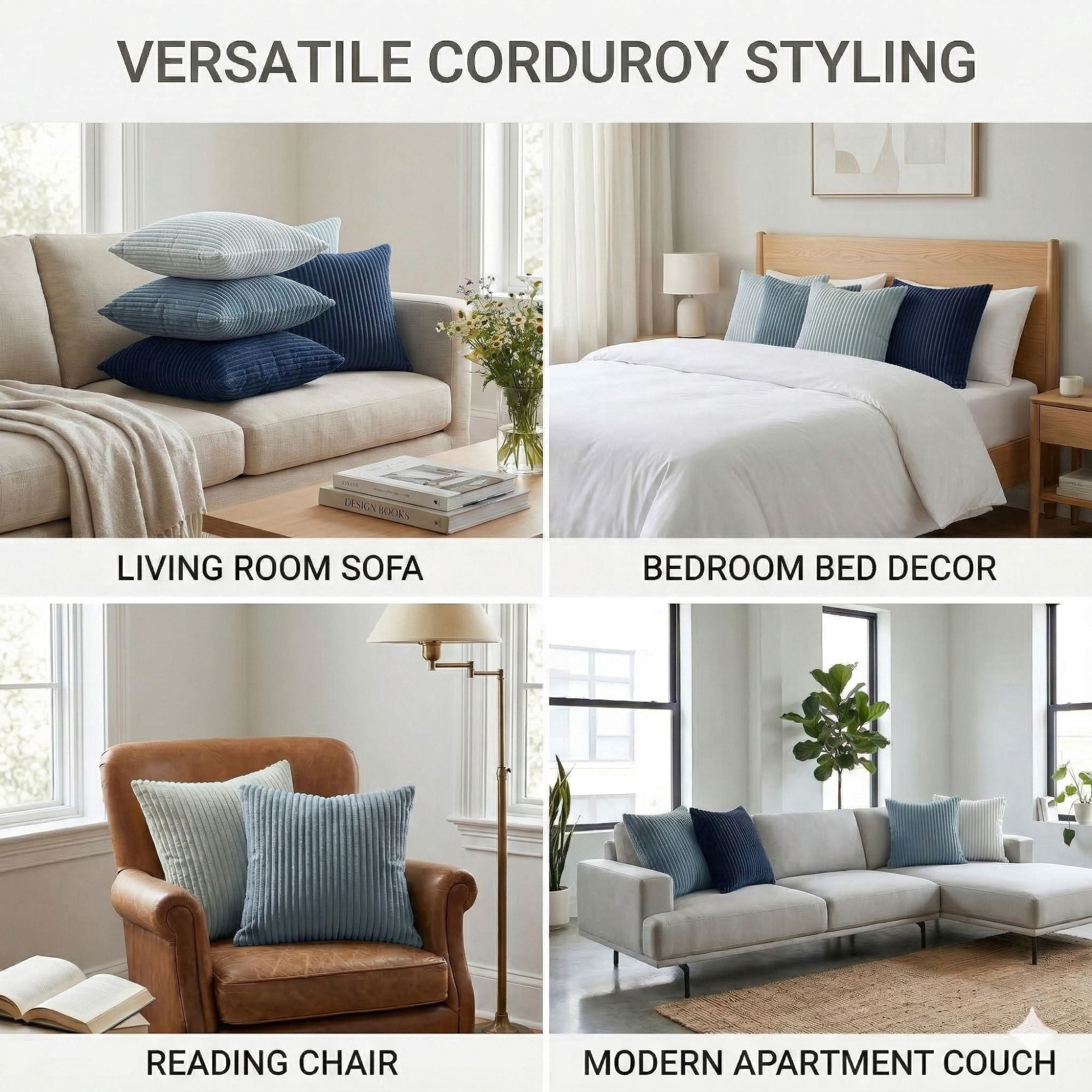 Decorative Throw Pillow Covers 18x18 Inch, Set of 4 Soft Corduroy Cushion Covers, Farmhouse Boho Neutral Pillow Cases for Couch, Sofa, Bed, Living Room