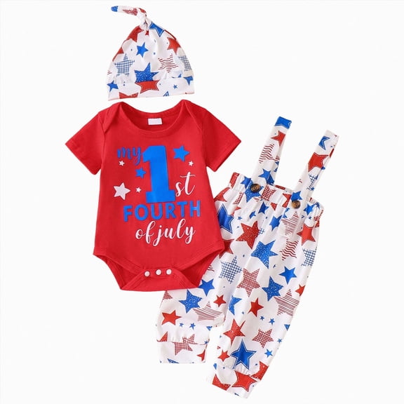 UngA Newborn Baby Boy My 1st 4th Of July Outfit Long Sleeve Letter Romper Stars Striped Suspender Pants Hat 3Pcs Set Baby Boy Fourth of July Outfit Red,9-12 Months