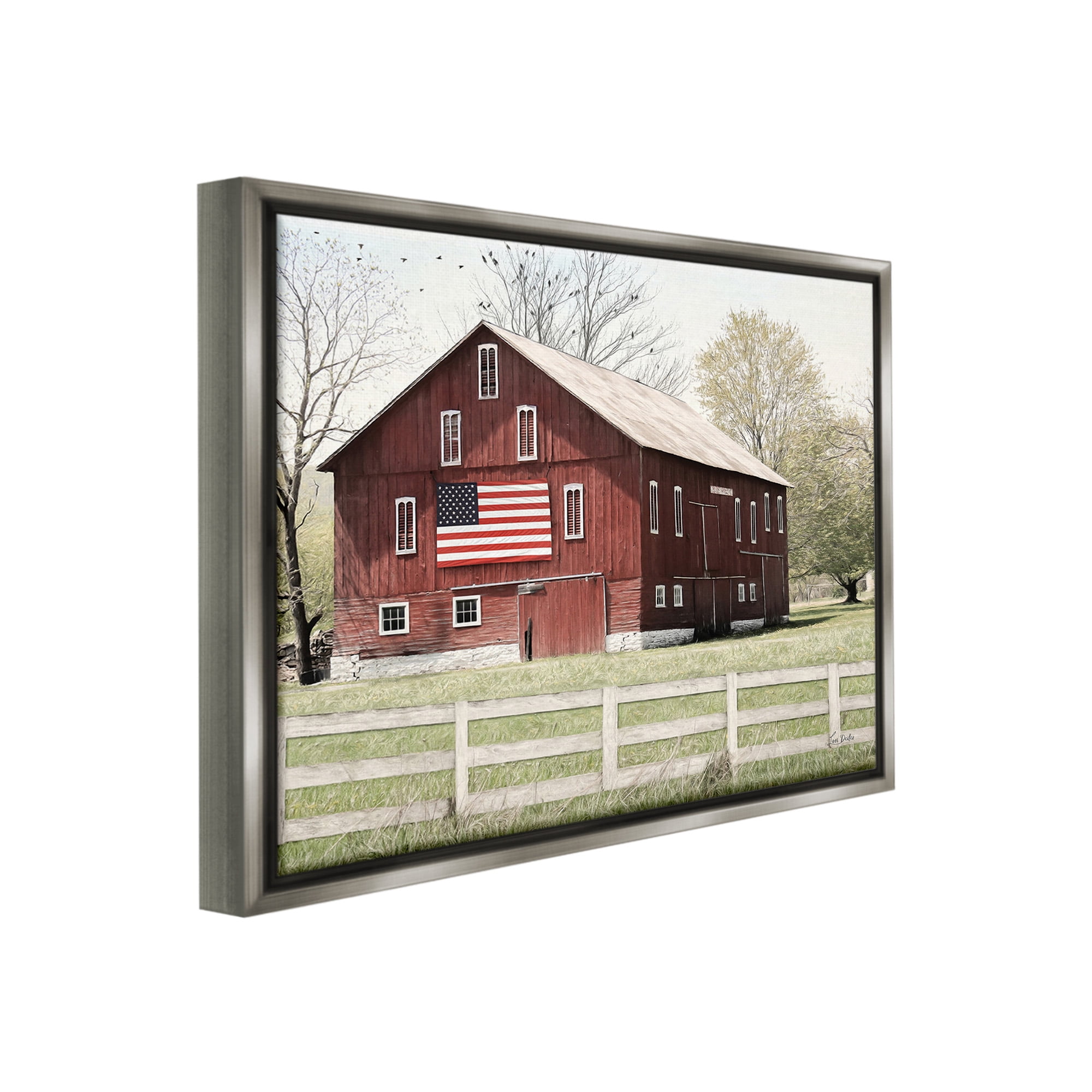 Stupell Industries Patriotic Barn Flag Landscape Painting Gray Floater Framed Canvas Art Print Wall Art, 31 x 25