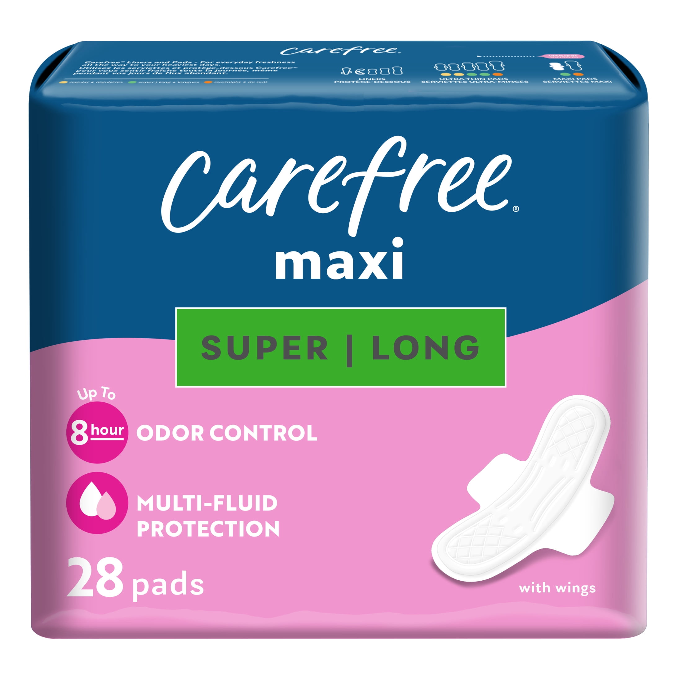 (2 pack) Carefree Maxi Pads with Wings, Long, Super Absorbency, 28 Count