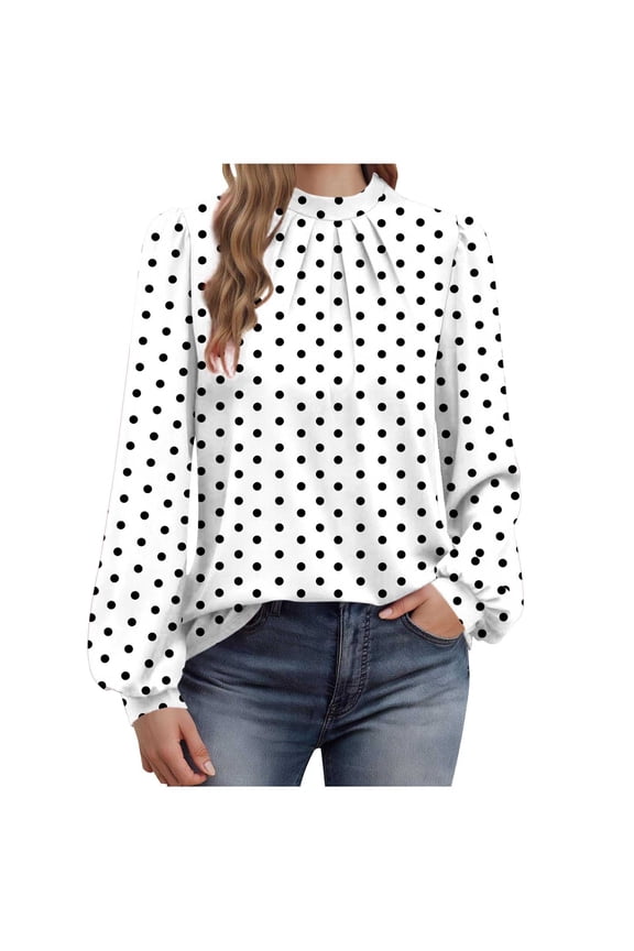 Women's Long Sleeve Tops Fashion Wave point Mock Neck Slim Fit Casual Work Blouse Fall Trendy Front Pleated Tunic Shirts