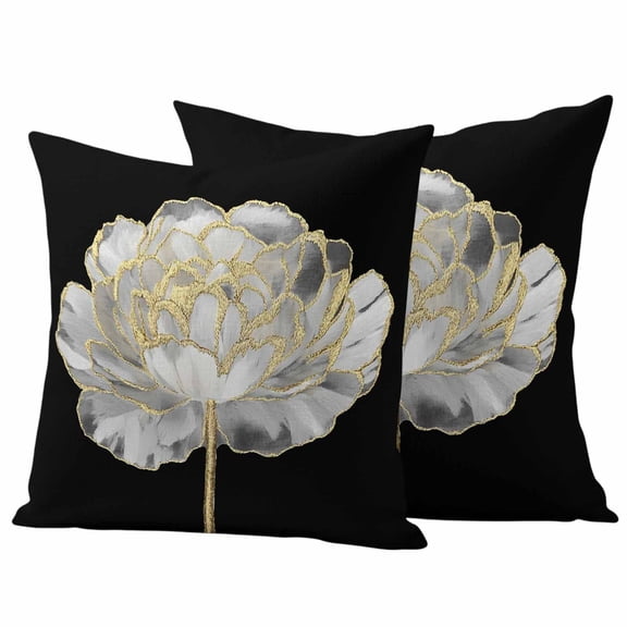 Flower Black Outdoor Waterproof Pillow Covers, Gold White Abstract Floral Aesthetic Decorative Square Throw Pillowcase Sofa Cushion Sham for Patio/Couch/Chair, 24"x24" 2 Pack