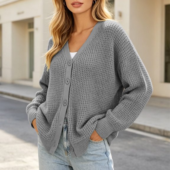 DIOAZUD Cardigan Sweaters for Women Oversized Chunky Knit Button Down V Neck Long Sleeve Lightweight Fall Sweaters Ladies Outerwear Gray S-XXXL