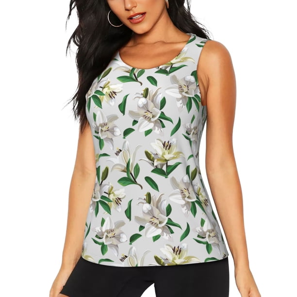 Fotbe Lilies Flowers Blusas Sin Mangas para Mujer – Estilo Casual, Corte Suelto, Slim-Fit, Cuello Redondo Deportivo, Tops de Verano para Gimnasio y Yoga-X-Large