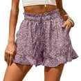 thumbnail image 2 of Women's Casual Summer Shorts Elastic High Waist Ruffle Hem Floral Print Comfy Beach Short Lounge Pants with Pocket, 2 of 5