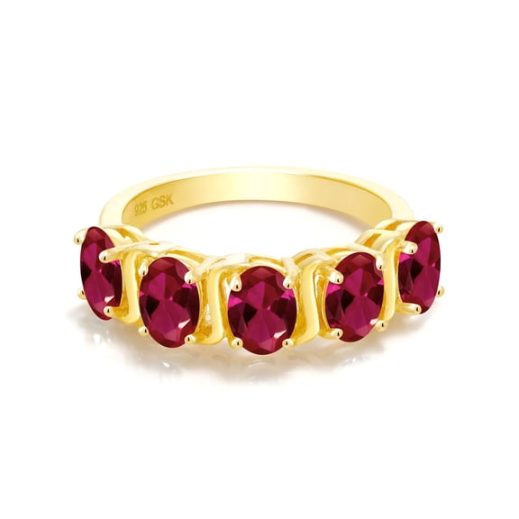 Gem Stone King 2.50 Ct Oval Red Created Ruby 18K Yellow Gold Plated Silver Ring (Size 5)