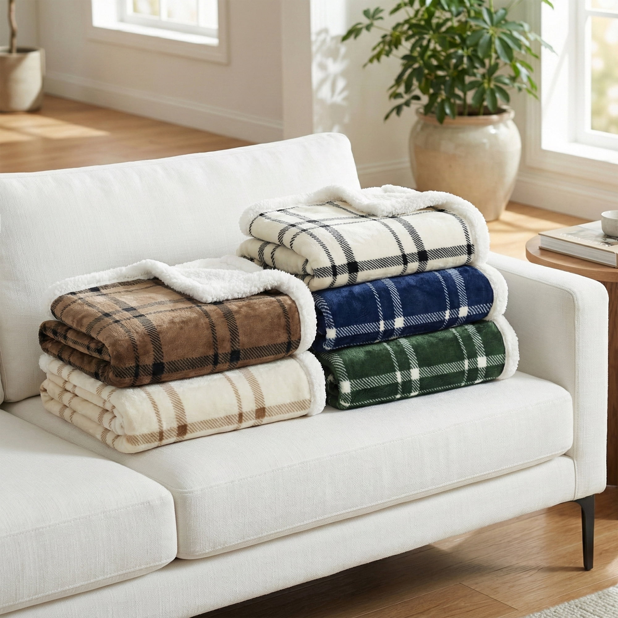 Americanflat Fleece and Reverse Sherpa Throw Blanket - 50x60 Inch Classic Tattersall Plaid - Ultra Soft Cozy Couch Cover - Warm Reversible Design - Brown