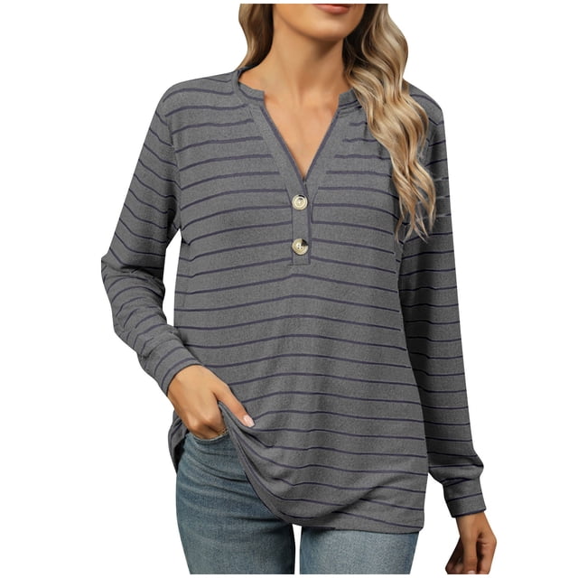 MeetoTime T-Shirt à Manches Longues Rayé pour Femmes Tunique Décontractée à Col en V Boutonnée Tenue Décontractée Douce d'Automne