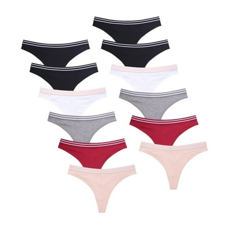 12 Pack Womens Cotton G-string Thong Panty Bikini Briefs with Striped Elastic Waistband Tag-Free Underpants Tagless Solid Underwear S-XL Womenswear