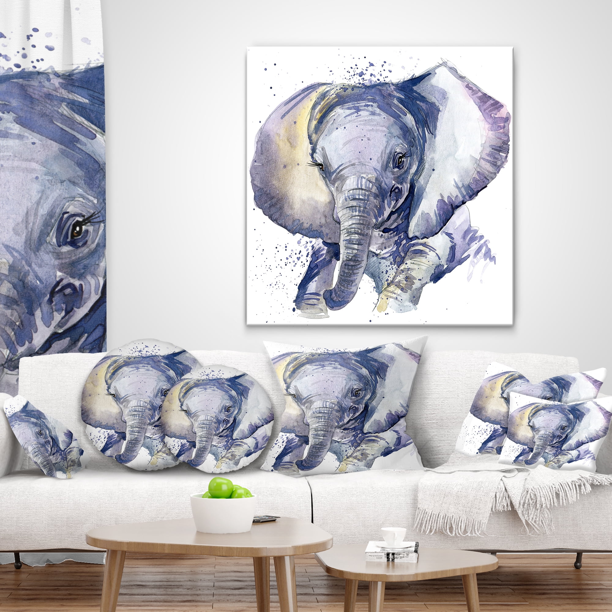Designart Baby Elephant Blue Watercolor - Abstract Throw Pillow - 12x20