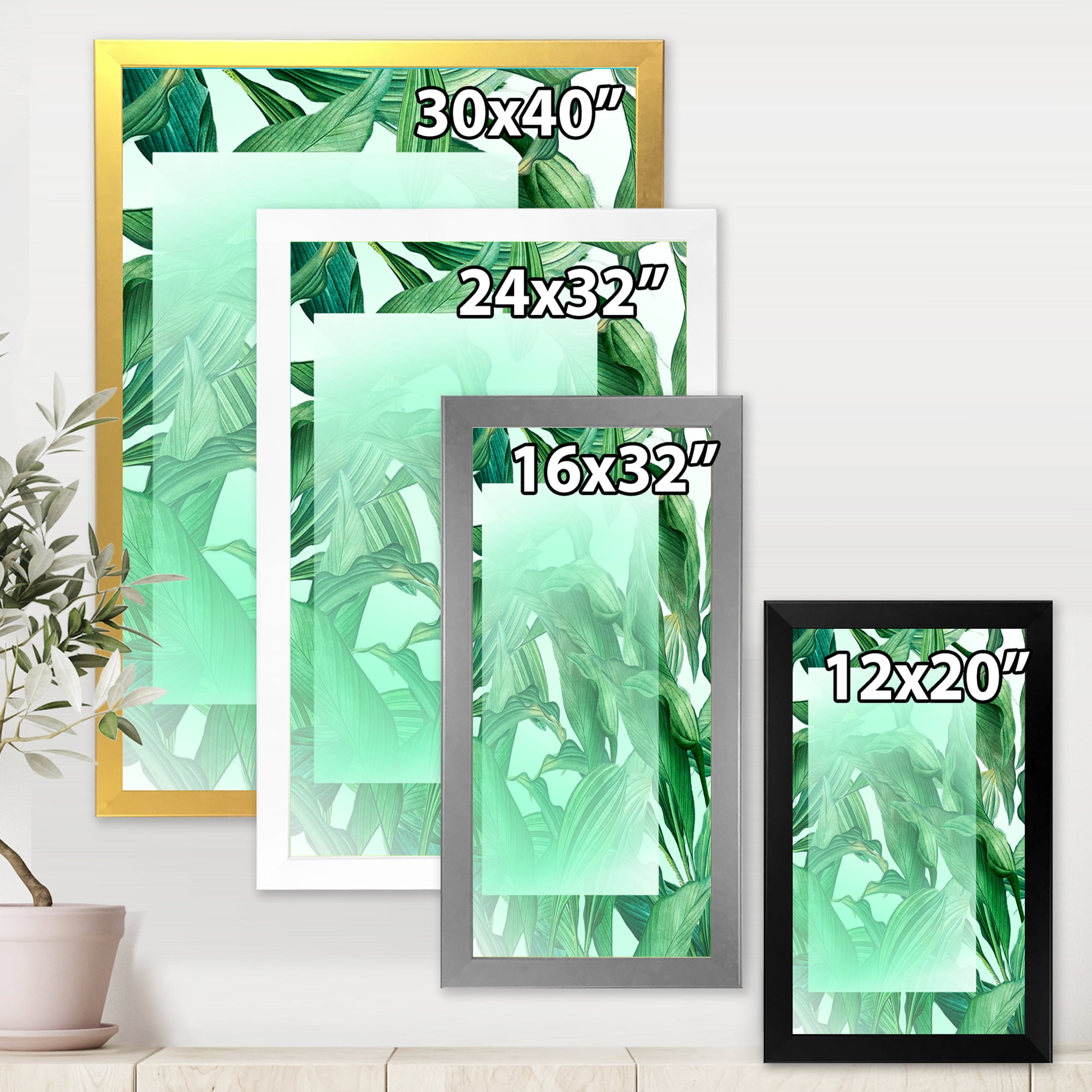 Designart 'Tropical Palm Green Leaves Under White Rectangle' Nautical & Coastal Framed Art Print