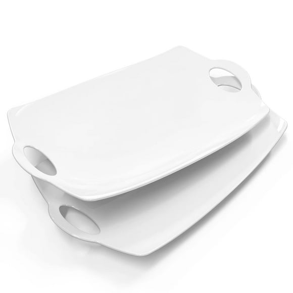 LAUCHUH Serving Tray with Handles, 15.75" Large Platters for Turkey Porcelain Serving Dish for Entertaining White Plates for Thanksgiving Meat Fruit Display Set of 2, White