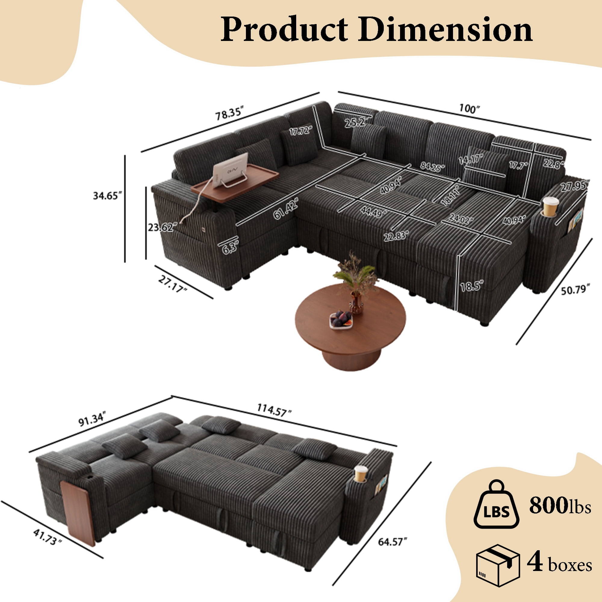 Howcool 100" Oversized Sleeper Sectional Sofa with Pull-Out Bed,U-Shape Corduroy Modular Sofa Couch with USB Ports & Storage,Dark Gray