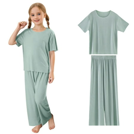 SUXIAN Girls Summer Outfits Set Ice Silk Round Neck Short Sleeve Casual Comfortable Loungewear Elastic Waist Playwear for Kids Age 2-15 Years L_Green 140