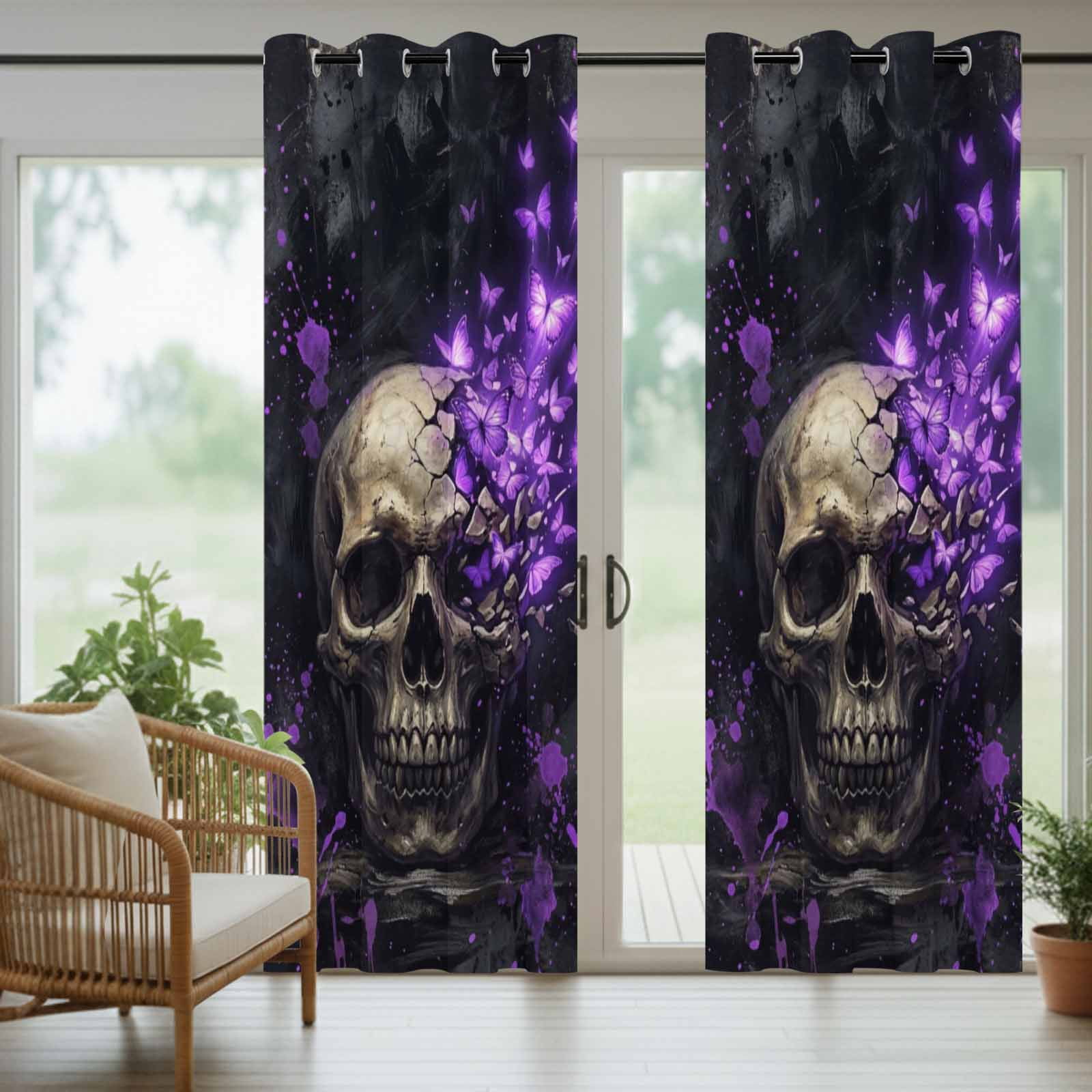 Abstract Skull Outdoor Curtains for Patio, Vintage Mysterious Purple Butterflies Dark Skeleton Black Sunshade Privacy Drapes Grommet Waterproof Outside Curtains for Porch Balcony 54"x108", 1 Panel