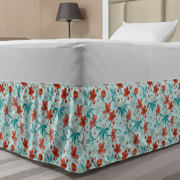 Floral Bed Skirt, Artwork of Paintbrush Drawn Flowers on Branches, Elastic Bedskirt Dust Ruffle Wrap Around for Bedding Decor, 4 Sizes, Vermilion Pale Blue, by Ambesonne