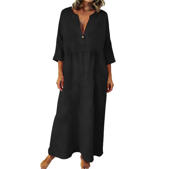 Aellinatey Women Bohemian Cotton Linen Dresses 3/4 Sleeve Maxi Long Dress Elegant V Neck Loose Gauze Going Out Beach Sundresses