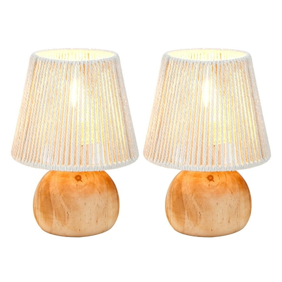 Set of 2 Woven Cotton Rope Table Lamp - 8'' Tall Cordless Battery Powered Lamps with Wooden Base