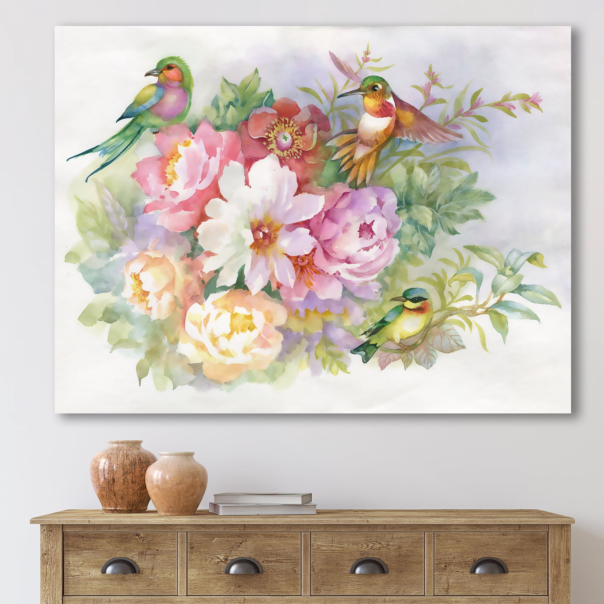 Designart ' Colourful Birds and Vibrant VIntage Flowers ' Traditional Canvas Wall Art Print