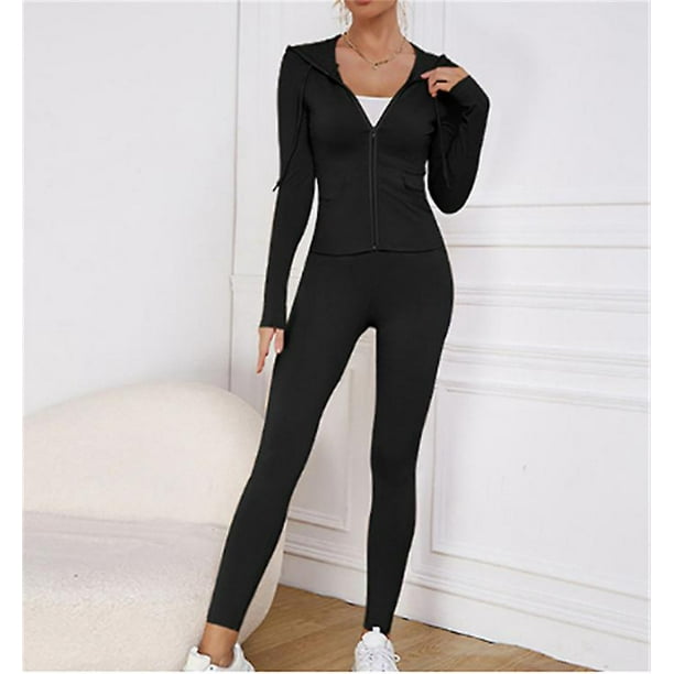 Mujeres flacas alta cintura elástica traje sólido primavera oto?o manga larga cremallera lápiz pantalones se?oras Streetwear con capucha Spor