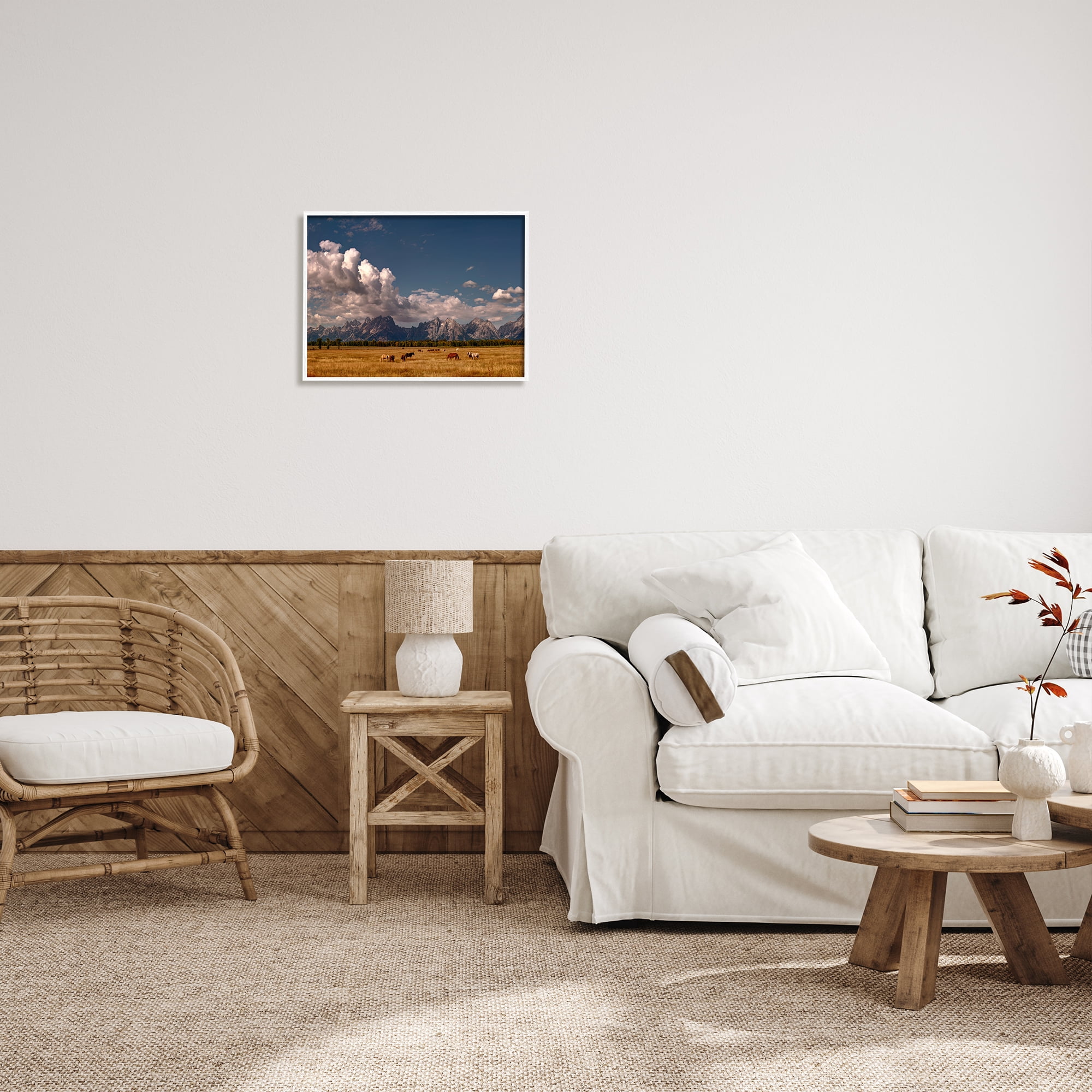 Stupell Industries Horses Grazing Mountain View Nature Photography White Framed Art Print Wall Art, 20 x 16