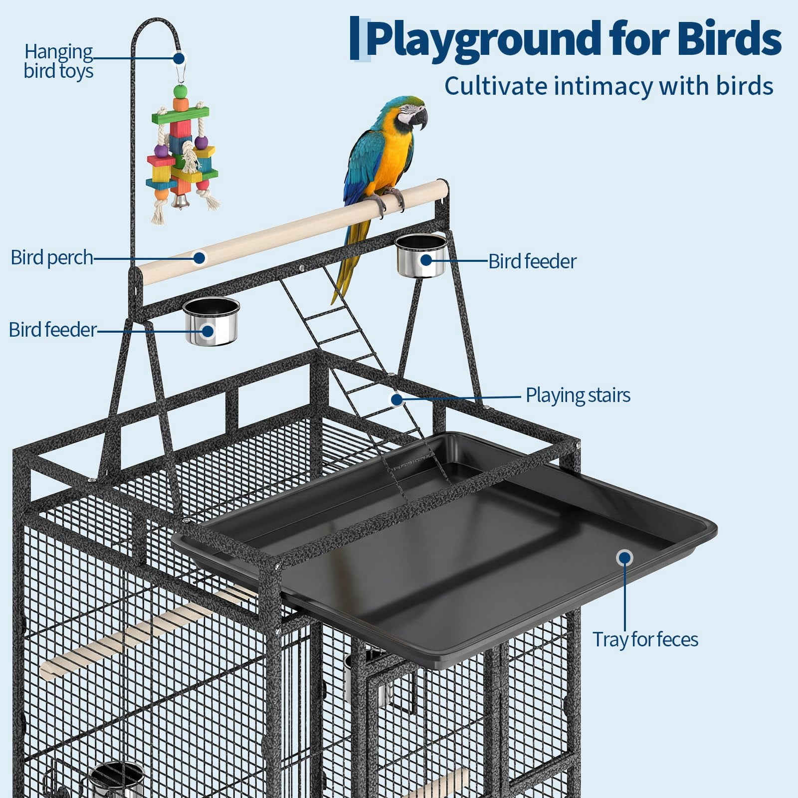 Parrot Cage, 82inch Rolling Bird Cage, Spacious Flight Bird Cage, with Feed Bowls, Playground and Rope Perch, for Parakeets, Cockatiels, Conures