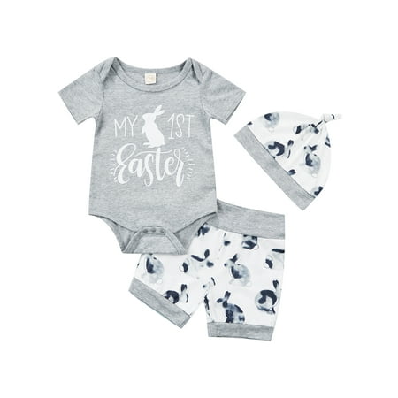 

FINELOOK Baby Girl Boy Tops Round Neck Short Sleeve Rabbit Romper and Shorts Gray 12-18 Months
