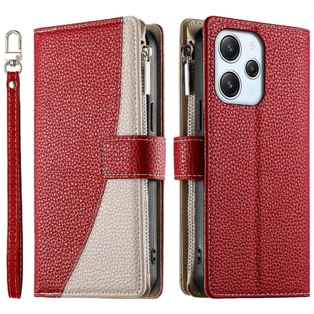 Funda cartera GANGXUN para Xiaomi Redmi 12 4G/5G , cuero PU con tarjetero, cremallera, correa de mano, soporte y protección 941°