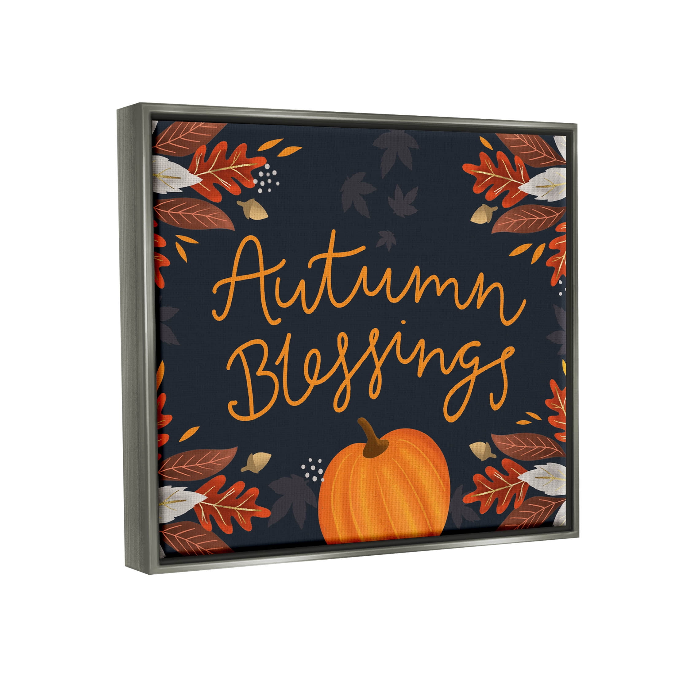 Autumn Blessings Fall Leaves Pumpkin Holiday Graphic Art Luster Gray Framed Art Print Wall Art