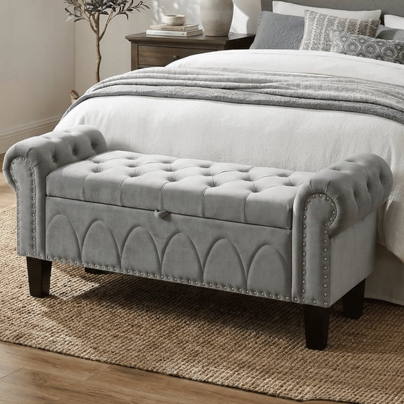 50" Flip-Top Storage Bench, Polyester Upholstered Bedroom Bench with Tufted Seat, Rolled Arms & Nailhead Trim