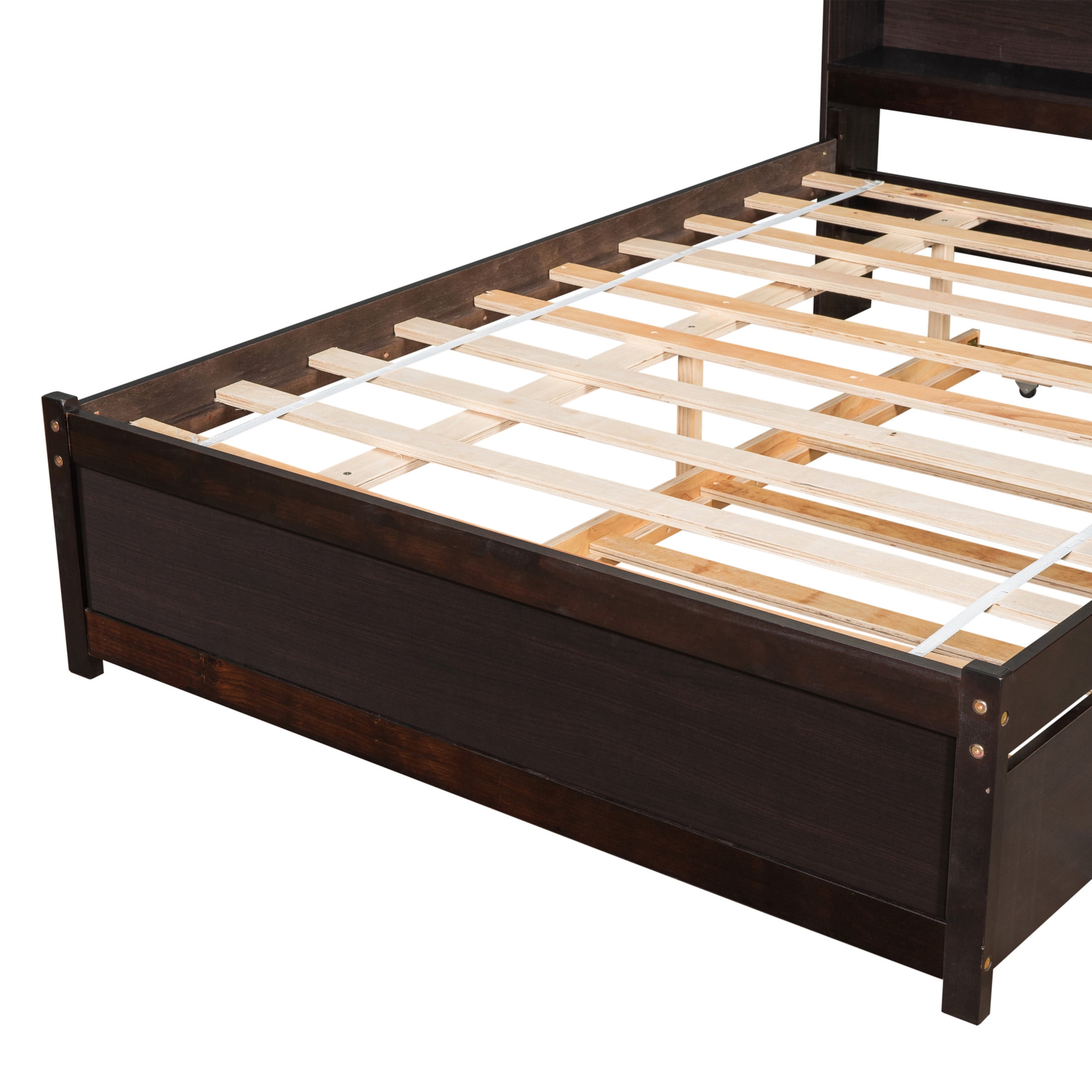 Noble House Katen Full Bed with Extra Trundle and Bookcase Storage, Pine Wood Platform Bed with Bookshelf, Espresso