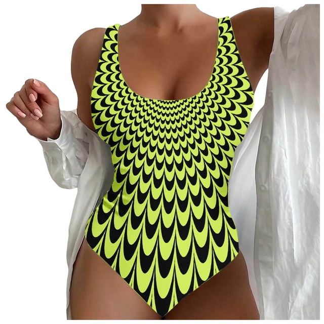 MKLEKYY Trajes De Baño Dama Women Large Size Swimwear Figure Shaping U Neck Striped Print Sports Swimsuits Swimsuit With Wide Shoulder Straps