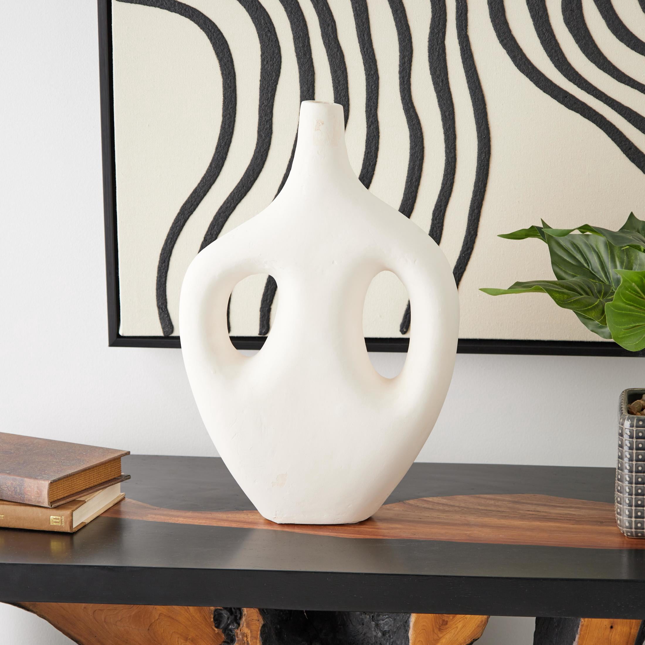 DecMode 17" Abstract Double Handle Beige Paper Mache Vase
