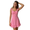 thumbnail image 2 of Vestido corto de verano para mujer, color liso, ribete de encaje, mangas acampanadas, escote en V, corte en A., 2 of 9