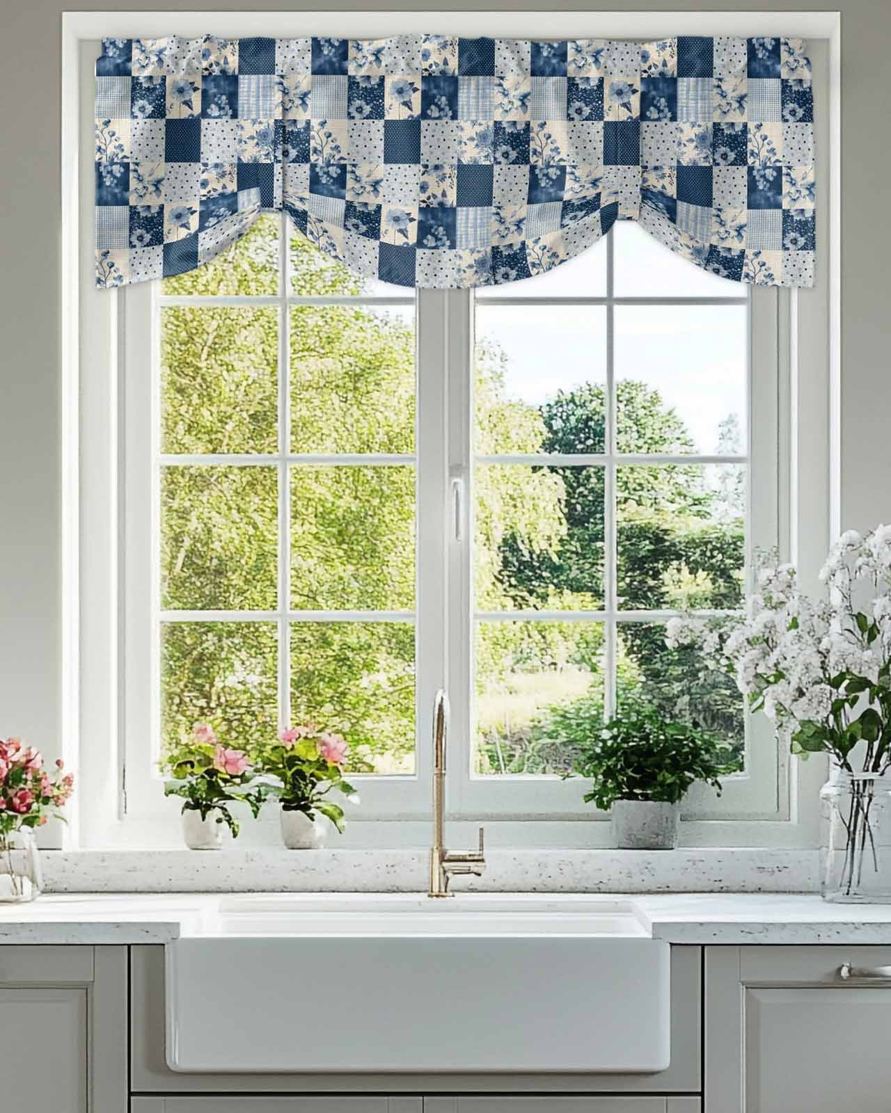 Vintage Patchwork Tie Up Valances Curtain, Blue Flowers Polka Dot Linen Kitchen Valances for Windows Decor, Rod Pocket Short Curtains Set for Bedroom/Bathroom, 60"x18"