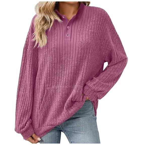 Lenpel Long Sleeve Shirts for Women Mock Neck Quarter Button Ribbed Knit Tunic Tops Loose Casual Lightweight Sweaters with Pocket(Purple,X-Large)