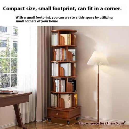 6 Tier Rotating Bookshelf, 360° Display Spinning Bookshelf Tower with Wheels and Drawer, Wood Tall Bookshelf Bedroom, Living Room, Study Room