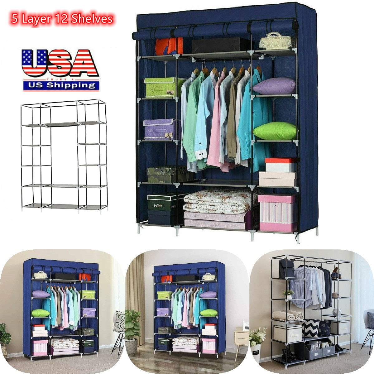 5-Layer Portable Closet Storage Organizer Wardrobe Clothes Rack Fabric US 