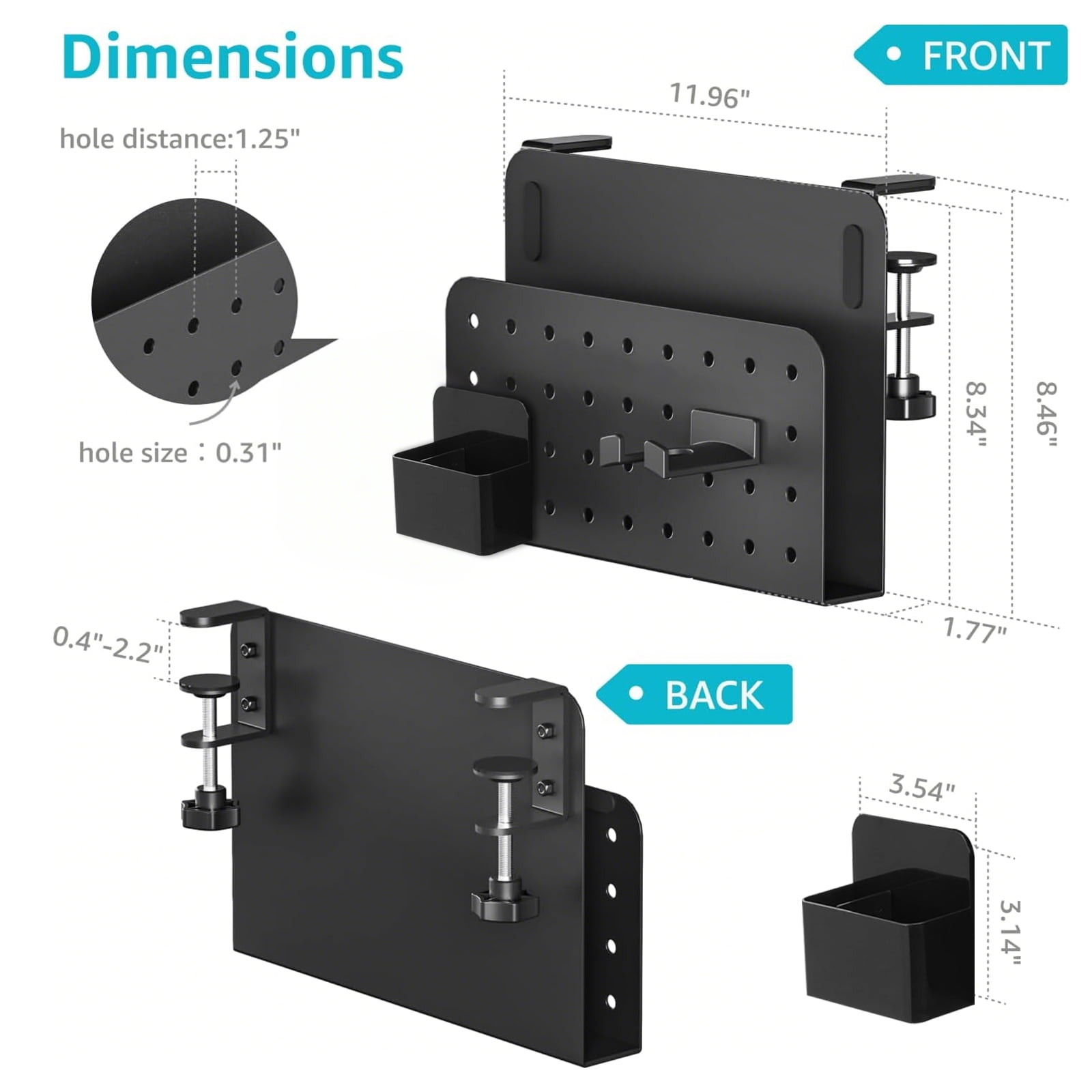 Desk Side Storage Organizer, No Drill Under Desk Laptop Holder, Clamp on Desks Shelf with Pegboard Accessories, Hanging Laptop Mount, Fits Flat Edge 0.4" to 2.2", Black