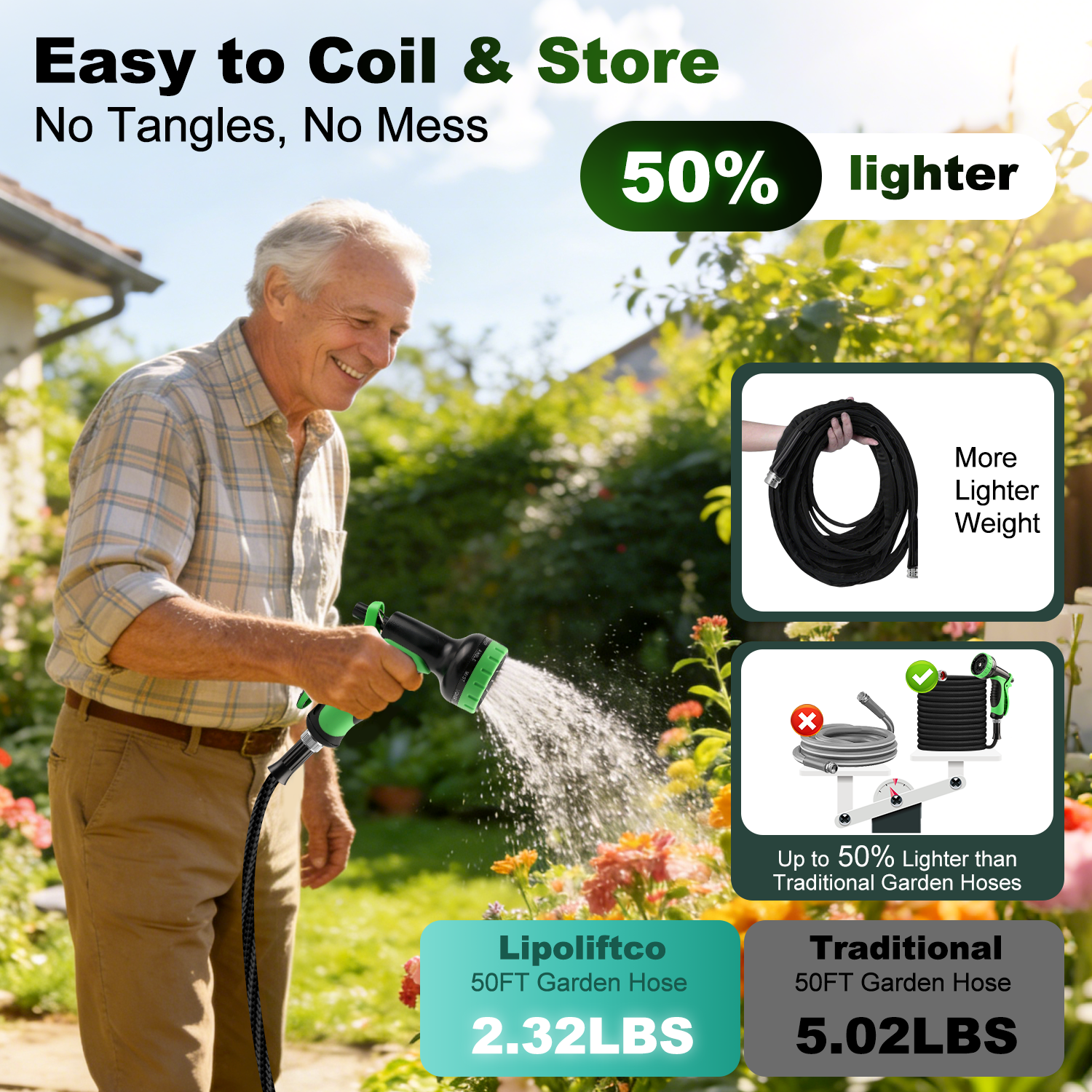 Garden Hose 50FT Non-Expandable Lightweight Water Hose with 10-Function Spray Nozzle, Kink-Free Leak-Proof Hose for Yard Lawn Garden Car Wash