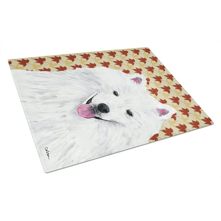 

American Eskimo Fall Leaves Portrait Glass Cutting Board Large