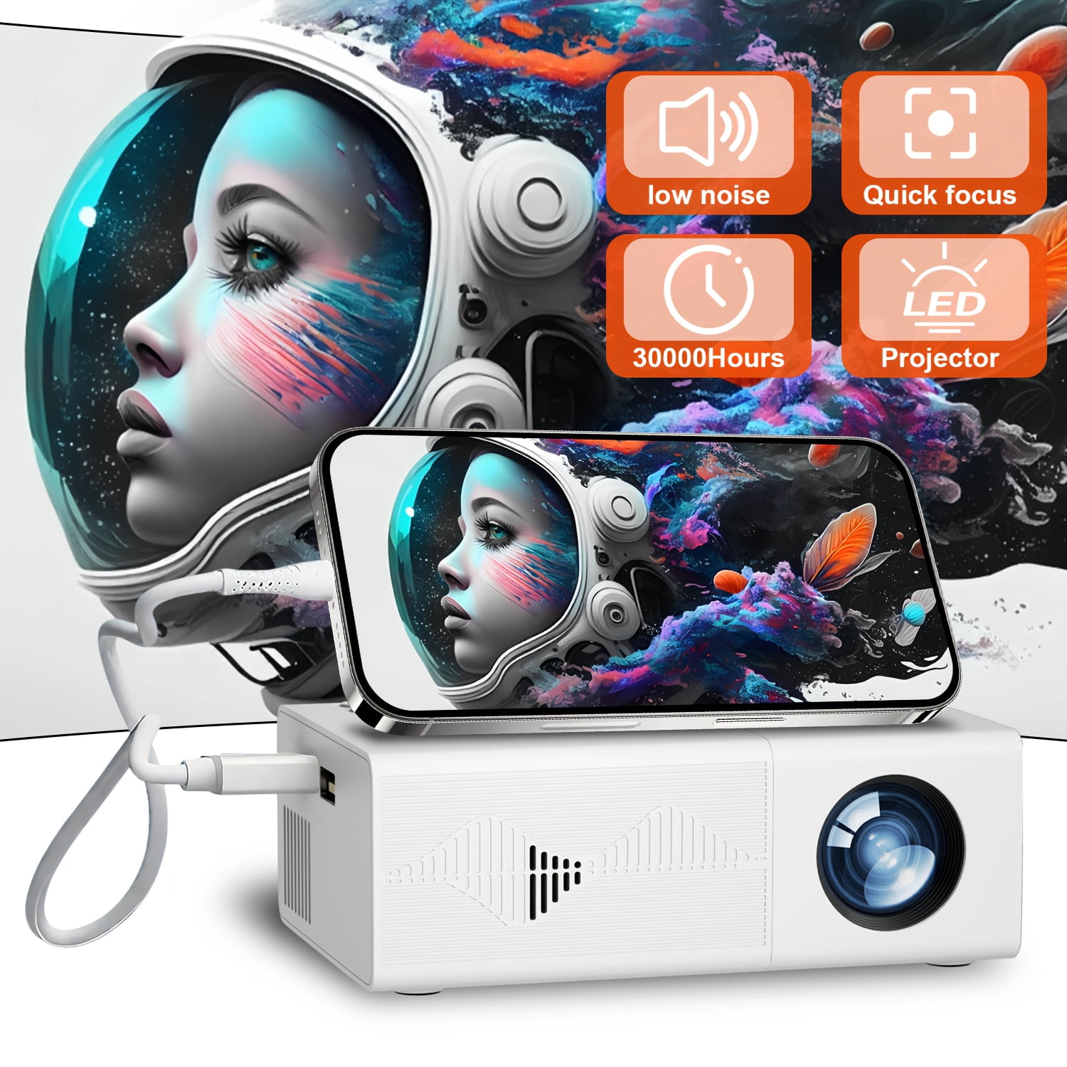 Compact Mini Projector, Offers Full HD 1080P - Works with IOS, , Windows, And More - Includes Remote CONTROL, Ideal for Smartphones, PS4, And USB Devices