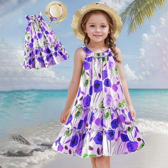 WOYY Girls Summer Sleeveless Floral Tiered Beach Sundress & Sun Hat Outfits, Sizes 3-9