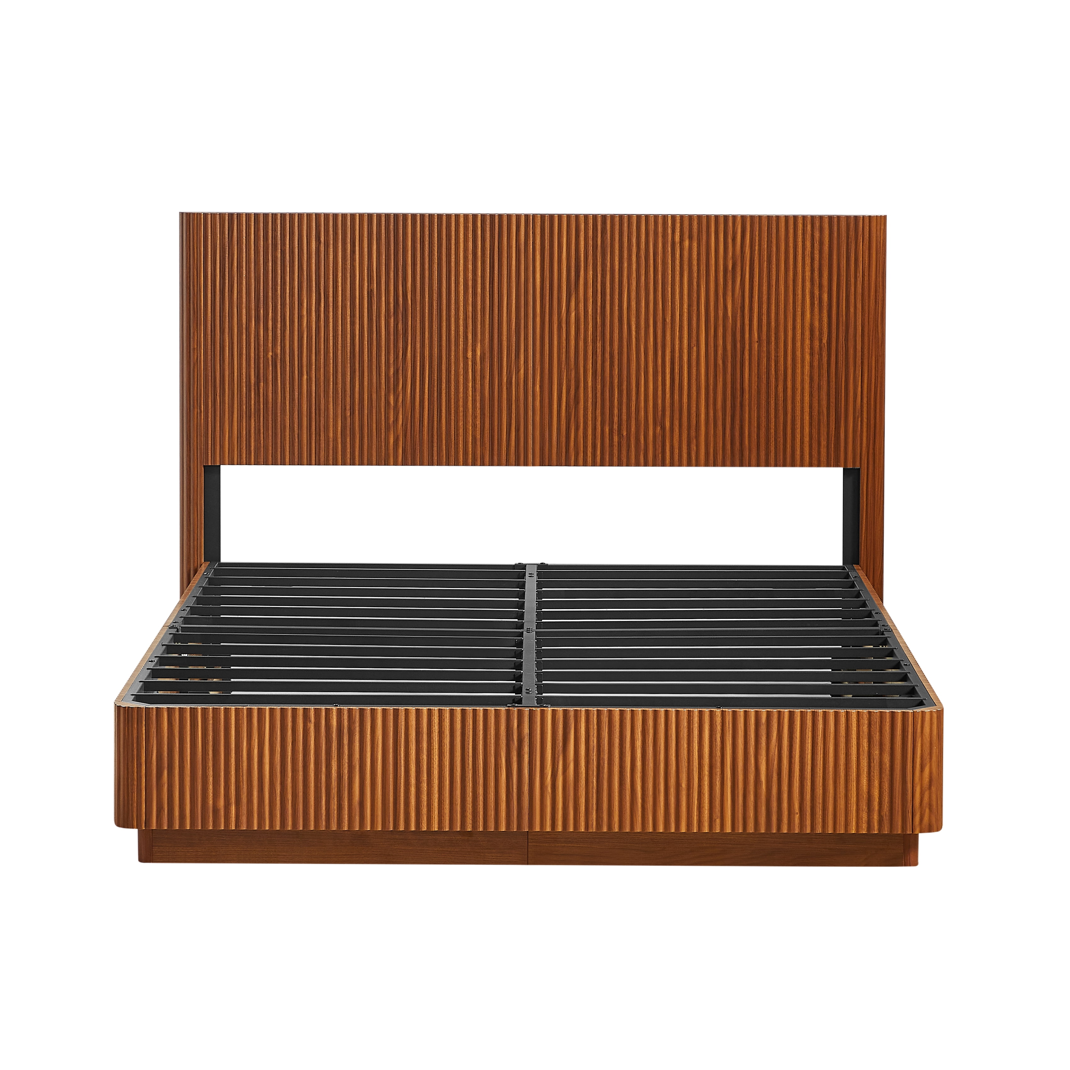 Queen Size Bed Frame with LED Lights, Modern Wooden Corrugated Curved Lines, Convex Groove Board Design