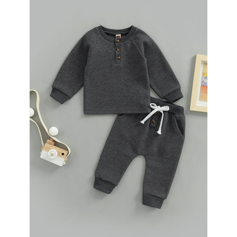 wybzd Baby Clothes Newborn Toddler Boy Girl Fall Outfits Warm Pullover  Sweatshit Waffle Knit Pants Set Dark Grey 6-12 Months