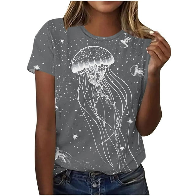 Tops de Ajuste Suelto para las Mujeres Sudadera Casual Impresa Manga Corta Cuello Redondo Superior, Poliéster