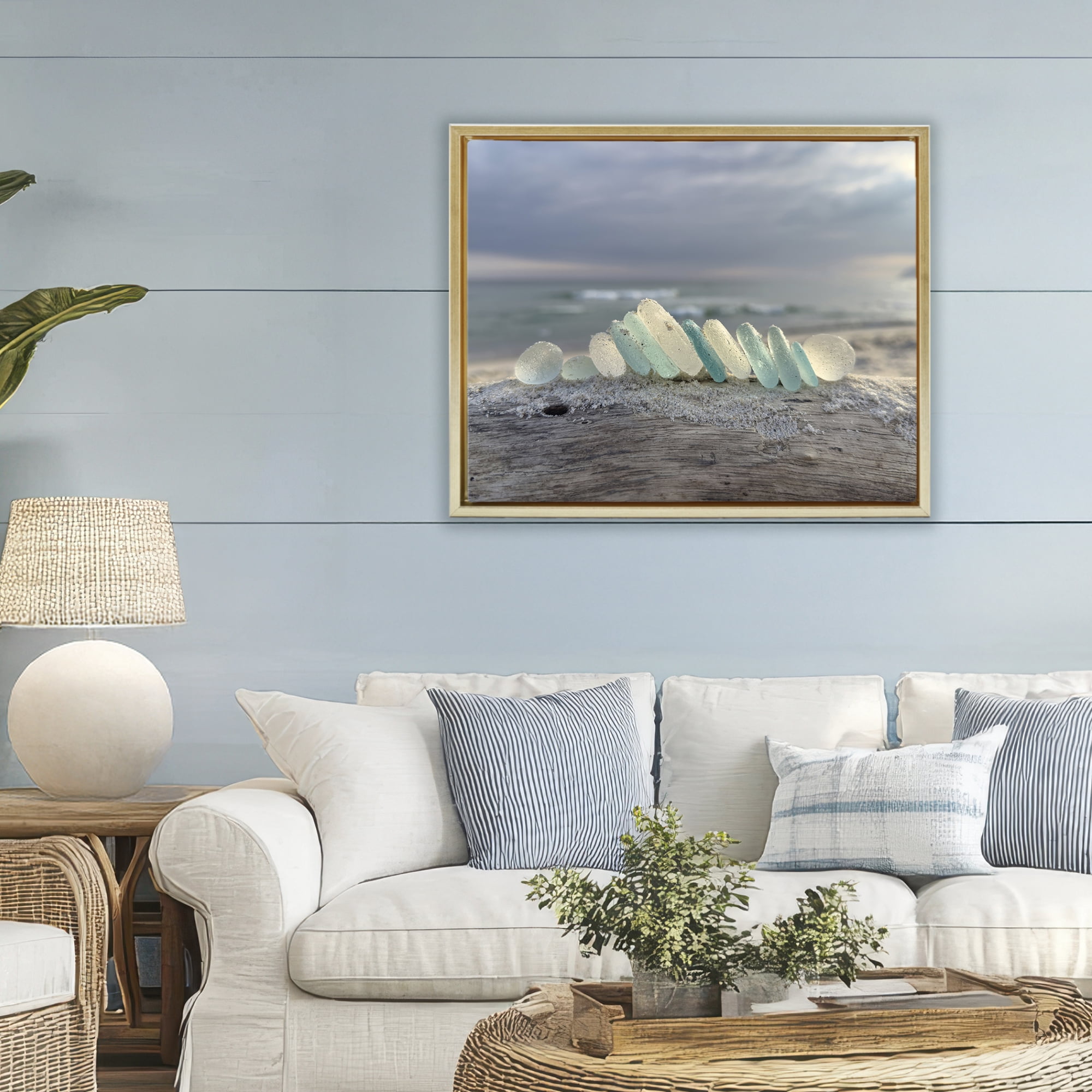 Stupell Industries Sea Glass On Driftwood Gold Framed Floater Canvas Wall Art, design by LMarie Allen