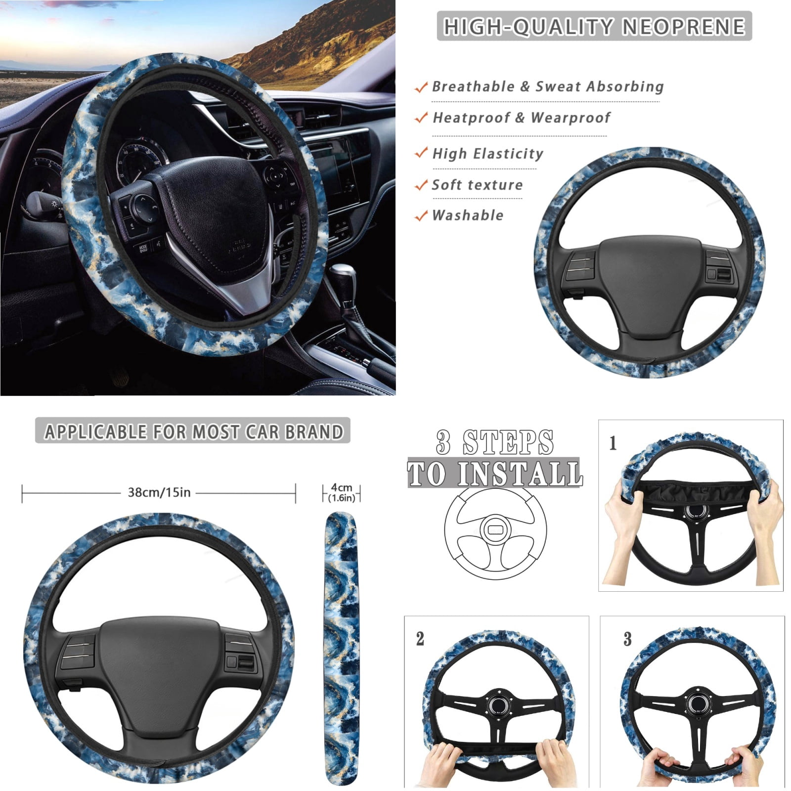 Yuyamidu 14 Piece Blue Marble Print Car Seat Cover Set with Steering Wheel Cover Seat Belt Strap Cover Garbage Bin Armrest Cover Rearview Mirror Cover Coaster Gear Shift Knob Cover Set Fit SUV Sedan