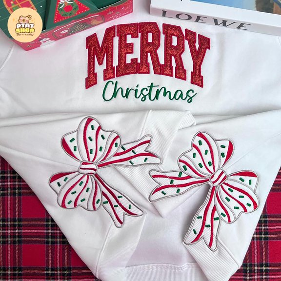 Merry Christmas Side Bow Embroidered Sweatshirt, christmas side bow,bow sweatshirt christmas,christmas crewneck bows, split hem christmas