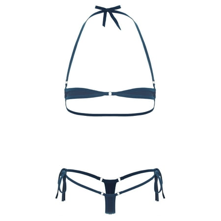 vastwit Women Brazilian Bikini 2 Pieces Set Halterneck Tiny Bra with Mini Thong Swimwsuit Navy Blue One Size